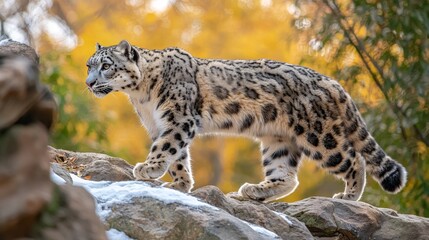 Obraz premium a snow leopard gracefully walking on a rocky mountain ridge