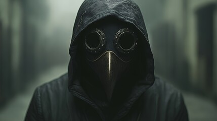 A person wearing a plague doctor mask and a dark hooded cloak. The image evokes a sense of mystery and suspense.