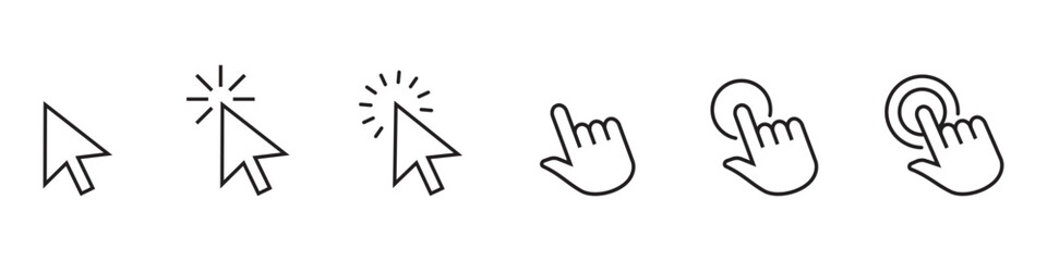 Pointer clicks icon. Clicking cursor, pointing hand clicks icons. Website arrows or hands cursors tools, computer interface button. Isolated vector symbol set.