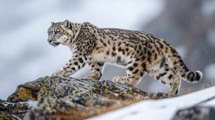 a snow leopard gracefully walking on a rocky mountain ridge