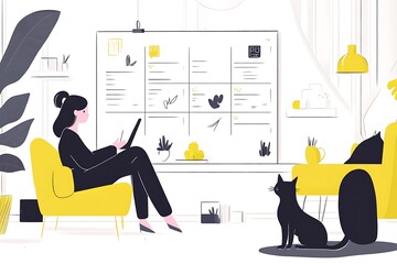 Woman Working Remotely with Kanban Board and Pet Cat in Modern Home Office