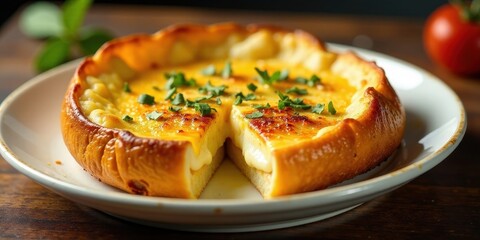 Golden Crust Baked Cheese Tart with Herb Garnish, a Delicious Savory Treat Served on a Plate