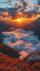 Fototapeta premium Majestic sunset over a sea of clouds and mountains