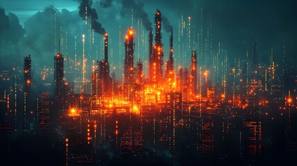Fototapeta premium Glowing Industrial Cityscape with Dynamic Business Data Visualizations