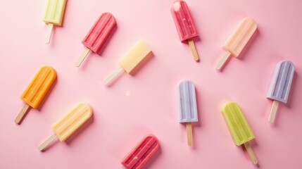 A delightful arrangement of colorful frozen treats on a pink background, perfect for summer refreshment