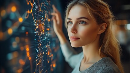 Woman analyzing global data on interactive screen.