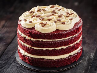 A layered red velvet cake with cream cheese frosting isolated on a dark wooden table