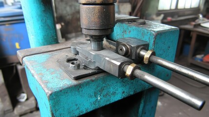 Close-up of industrial metalworking press, showcasing intricate mechanics and tools during operation.