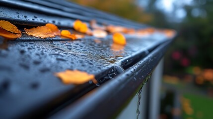 Autumn Rain: Close-up of a rain-soaked gutter with fallen leaves, showcasing the beauty of nature's details during a fall downpour.