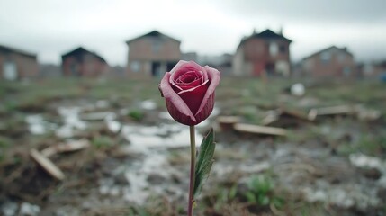 Single Dark Pink Rose Blooming amidst Devastated Houses Post Disaster Scene