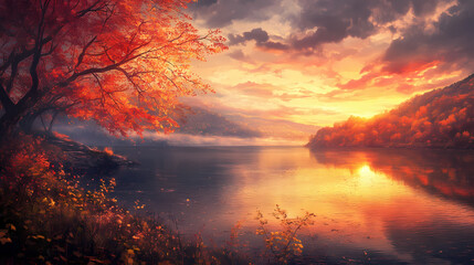 Lake wilhelm sunset, pennsylvania fall foliage, autumn landscape photography. Willowbloom. Illustration