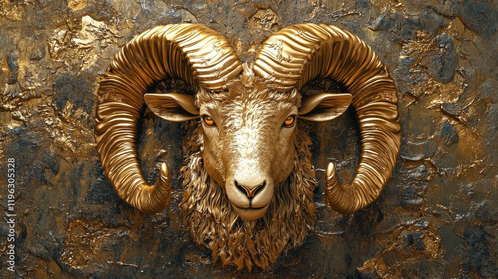 Poster detailed 3d representation of ram head with vibrant golden textures, showcasing intricate features a