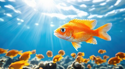 Fototapeta premium Vibrant Orange Fish Swimming in Sunlit Underwater Scene Reef Fish Aquatic Life