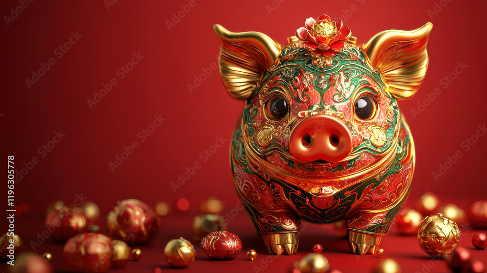 Poster beautifully designed golden pig figurine representing zodiac, adorned with intricate patterns and vi