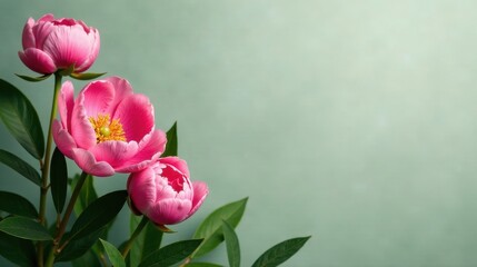 Fototapeta premium Three Delicate Pink Peonies with Lush Green Foliage Against a Soft Green Background