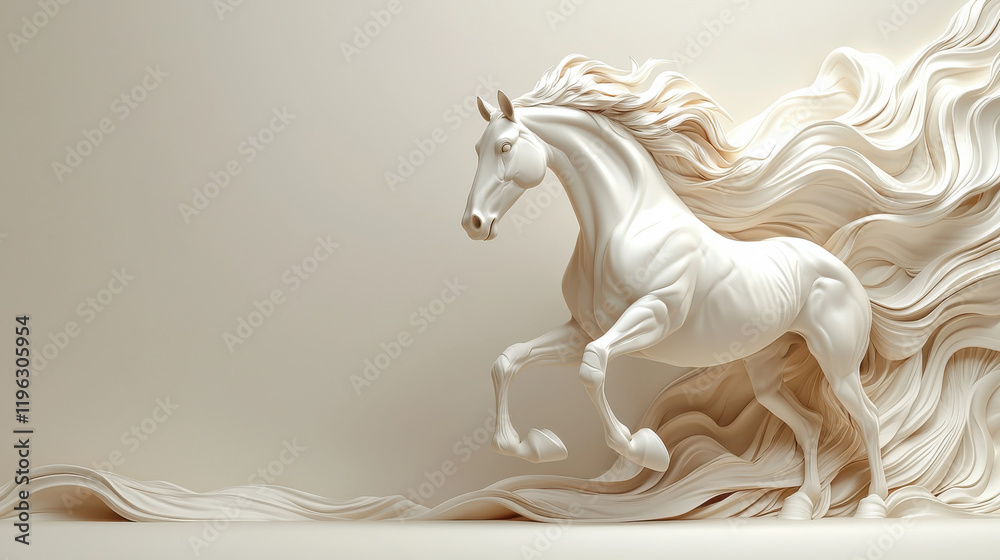 Aufkleber dynamic 3d horse design with flowing golden mane, showcasing elegance and movement against soft back