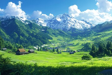 Fototapeta premium Serene Green Mountainscape: Houses nestled in idyllic valley, picturesque vista, breathtaking 