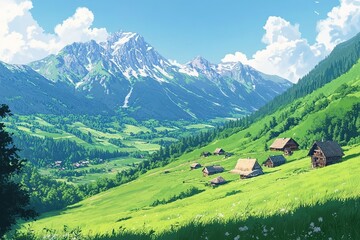Obraz premium Serene Green Mountain Range with Charming Houses, idyllic village nestled in nature's embrace. sky 