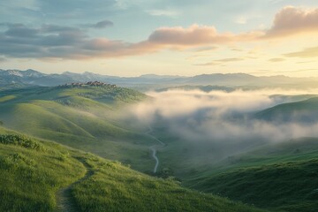 Misty Green Valley Sunrise: Serene Hills, Rolling Fog, Breathtaking Nature Scenery sky calm dawn view