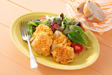 chicken with vegetables. Deep fried chicken filled with garnish. Crunchy filled chicken crispy