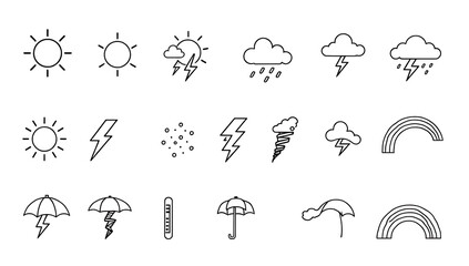 Obraz premium Line-art icons of weather elements, including suns, clouds, raindrops, lightning bolts, snowflakes, wind gusts, tornadoes, thermometers, umbrellas, and rainbows, drawn with no fill color on a plain wh