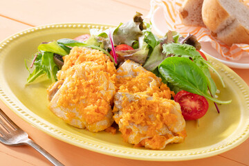 chicken with vegetables. Deep fried chicken filled with garnish. Crunchy filled chicken crispy