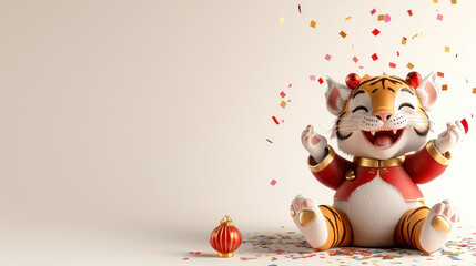 joyful 3D illustration of charming tiger celebrating with confetti, embodying spirit of Chinese Zodiac. This cute character radiates happiness and festivity