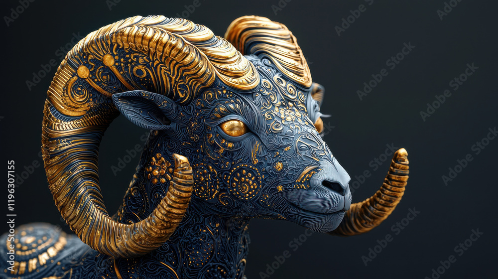 Poster intricate 3d illustration of ram representing aries zodiac, featuring ornate patterns and golden acc