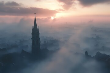 Fototapeta premium Misty Cityscape: Church Steeple in Foggy Urban Dawn sky old new calm view mood quiet faith scene 