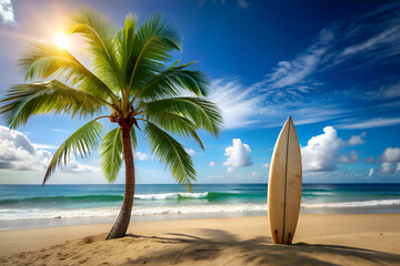 Tropical Beach Scene. Palm Tree. Surfboard and Ocean Waves