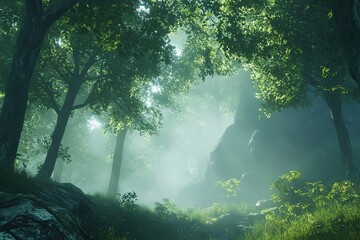 Enchanted Misty Forest: Tall Trees, Cinematic Depth, Mystical Atmosphere, Dreamlike Landscape       
