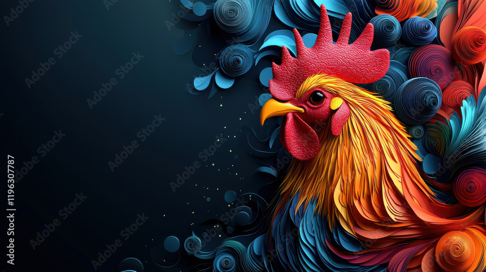 Poster vibrant 3d rooster design representing zodiac with colorful swirls and patterns, showcasing artistic