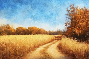 Fototapeta premium Golden Wheat Field Sunset: Serene Digital Painting of a Peaceful Open Landscape, Idyllic Rural Scene