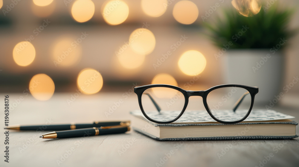 Poster Stylish black eyeglasses resting on notebook with pens, creating cozy atmosphere with blurred lights in background. Perfect for studying or reading