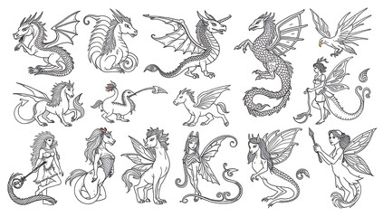 Fototapeta premium Outline icons of mythical creatures, including dragons, unicorns, griffins, phoenixes, mermaids, centaurs, hydras, and fairies, created as delicate line art on a clean white background