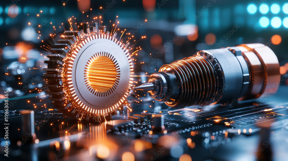Fototapete 3D model of solid state components interacting with advanced technology, showcasing intricate details and vibrant sparks. This captures essence of modern electronics