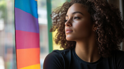 Pensive Young Woman by Window with Rainbow Flag