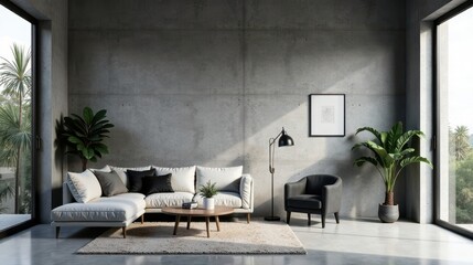 Fototapeta premium Modern minimalist living room interior design with exposed concrete wall, large windows, and stylish furniture