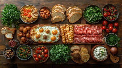 A vibrant brunch spread featuring fresh vegetables, eggs, meats, and breads on a rustic wooden table