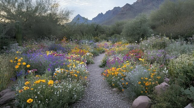 Colorful wildflowers bloom along a gravel path in a desert garden with mountains in the background.