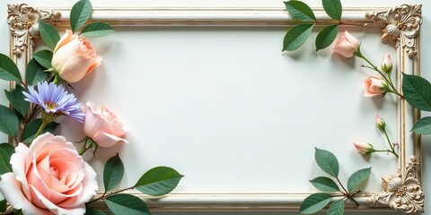 Ornate Frame Encircled by Delicate Peach Roses and a Single Purple Daisy, Offering a Serene and Elegant Floral Arrangement for Various Design Applications