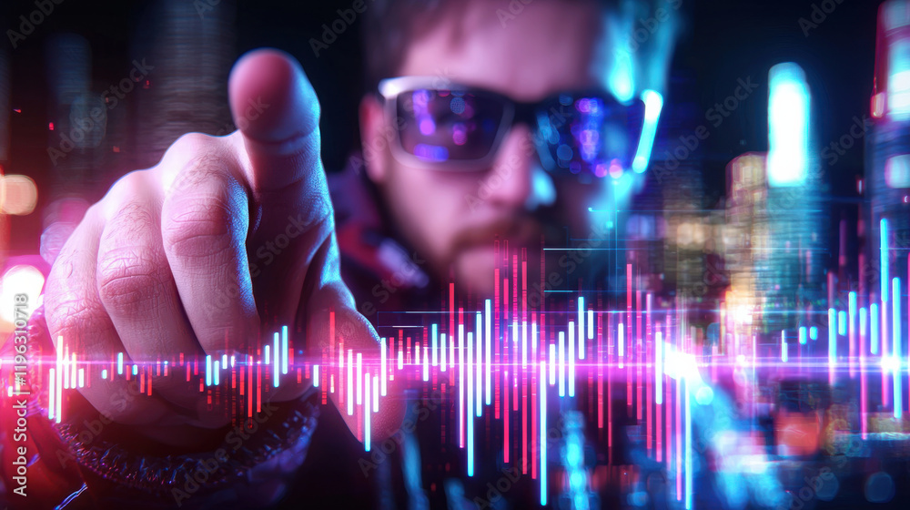 Poster businessman pointing at digital graph with vibrant colors, showcasing upward trends in futuristic ci