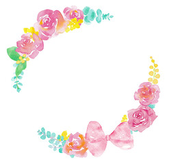 水彩で描いた薔薇とミモザの円形フレーム