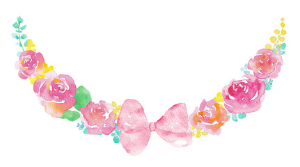 水彩で描いたリボンと薔薇の円形フレーム