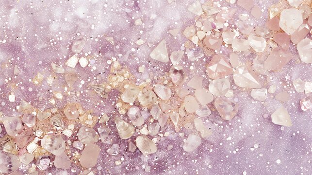 A glittery, pink background with scattered clear and pink crystals.