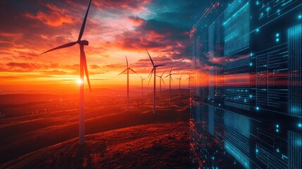 Green power or renewable energy concept of wind turbines farm or wind power plant with Scada system computer screen monitoring at operations controller room for operator engineer teamwork.
