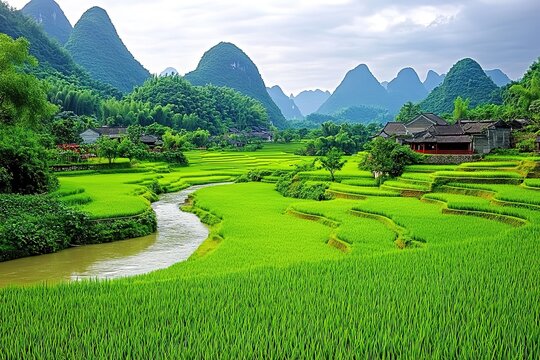 Breathtaking Panoramic Vista: Y1's Serene Landscape, Majestic Mountains, Rolling Hills, Lush        