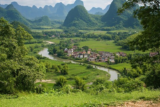 Breathtaking Panoramic Vista: Serene Y3 Landscape Majesty sky sun day view lake wide hills field    