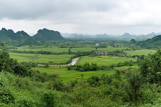 Breathtaking Panoramic Vista: Y5's Serene Landscape, Majestic Mountains, Rolling Hills, Lush Green  
