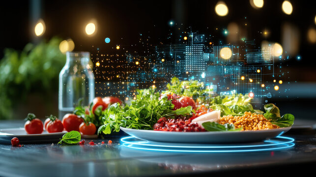 vibrant food technology conference display featuring fresh ingredients, digital elements, and modern aesthetic. scene captures innovation in culinary arts and healthy eating